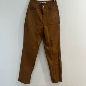 Zara Brown Leather Pants with Gold Button